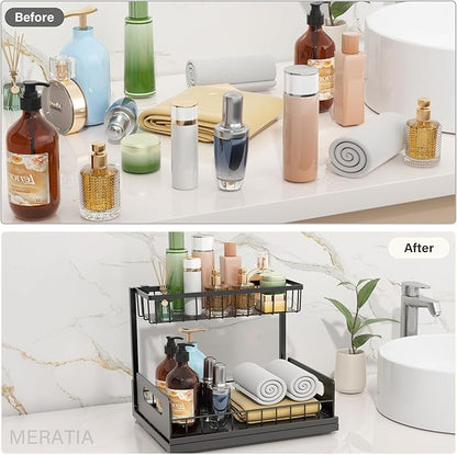 Under Sink Organizer 2 Tier, Pull Out Drawer Slides Under Sink Storage for Bathroom Kitchen,Multi-Purpose Drawer Under Cabinet Organizer for Cleaning Supplies (Black, 1 Pack)