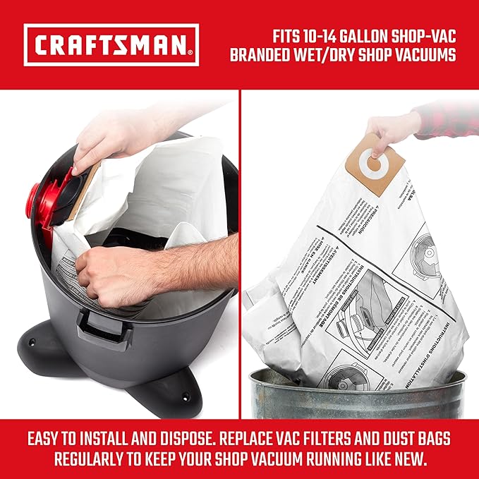 CRAFTSMAN CMXZVBE38768 General Purpose Wet Dry Vac Dust Collection Bags for Most 10 to 14 Gallon Shop Vacuums, Collects Dry Only Debris, Reduces Cleanup Time, 3-Pack