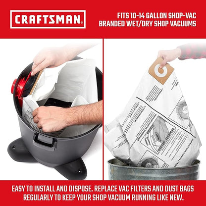 CRAFTSMAN CMXZVBE38768 General Purpose Wet Dry Vac Dust Collection Bags for Most 10 to 14 Gallon Shop Vacuums, Collects Dry Only Debris, Reduces Cleanup Time, 3-Pack