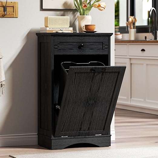 AHB 13 Gallons Tilt Out Trash Cabinet Hidden Trash Can Cabinet Freestanding Garbage Recycling Cabinet with Hideaway Drawer Pet Proof Trash Bin for Kitchen Living Room, Black