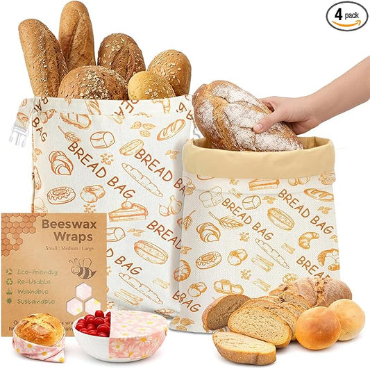 2 Pack Beeswax Bread Bags for Homemade Sourdough Bread, Includes 2 Wraps, 17×13 Inches Organic Cotton Bread Storage Bags, Keeps Bread Fresh, Ideal for Bakers, Kitchen, Travel (Bread Print)