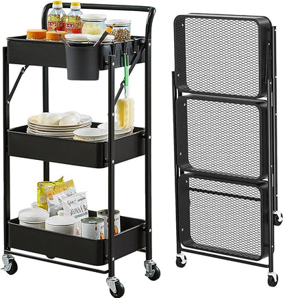 Foldable Rolling Cart 3 Tier Utility Storage Cart No Assembly Metal Heavy Duty Kitchen Carts Folding on Wheels Trolley Organizer Cart with Cup and Hooks for Office/Classroom/Dorm(Black)