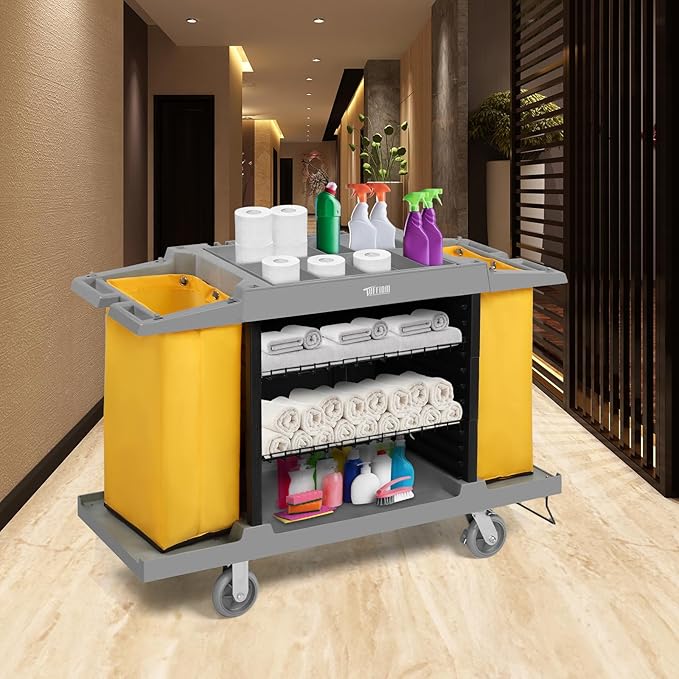 LEADZM Premium Hotel & Housekeeping Cart on Wheels, 154LBS Multifunctional Commercial Cleaning Cart with Large Capacity Vingyl Bags, Comfor Grip Handles and Easy Move Casters, Gray