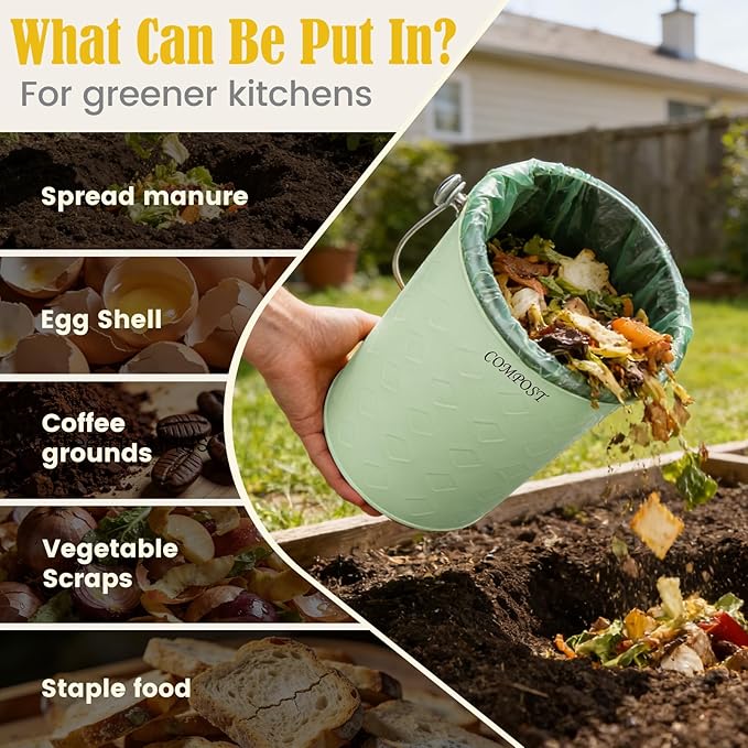 AOSION Countertop Compost Bin Kitchen,Odorless Indoor Compost Bin with Lid,Farmhouse Composter Container for Food Waste,Includes 2 Carbon Filters, Small Compost Bucket,Trash Bags (Modern, Green)