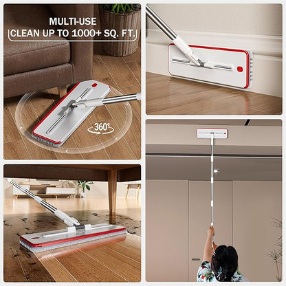 HoMettler Mop and Bucket Set, 3-Tank Flat Mop and Bucket System for Separate Dirty & Clean Water, 65" Mops for Floor Cleaning with 8 Washable Pads, Safe for Hardwood, Vinyl, Tile, Baseboards, Walls