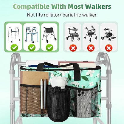 Rhino Valley Walker Bag, Large Capacity Walker Accessories Storage Bag with Multi Pockets & Cup Holder, Walker Basket with 4 pockets for Universal Walkers for Seniors, Green Lily