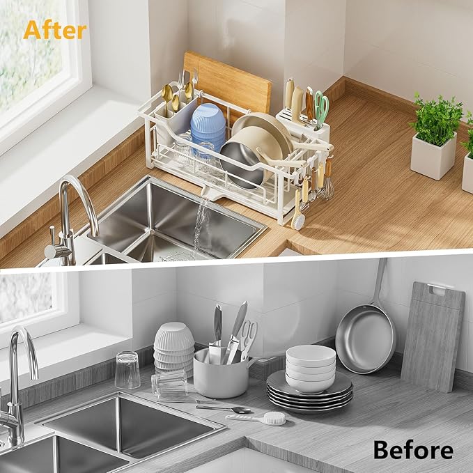 AIDERLY Narrow Dish Drying Rack for Kitchen Counter Auto Drain Iron Dish Drainer with Removable Cutlery Basket, White