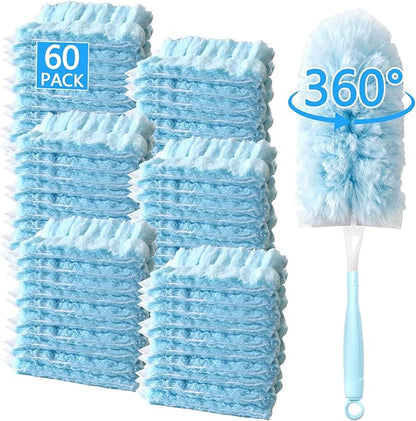 60 Pack Duster Refills Kit Disposable for Swiffer Duster Handle,360° Deep Cleaner Heavy Duty Replacement with 1 Handle,for Home, Blinds, Car, Pet, Furniture, Fans(Blue)