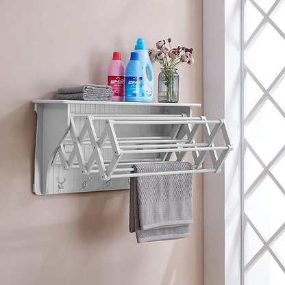 Danya B Accordion Clothes Drying Rack, Retractable, Wall Mounted Towel Rack and Hooks for Clothes and Towels for use in Laundry Room or Garage - White