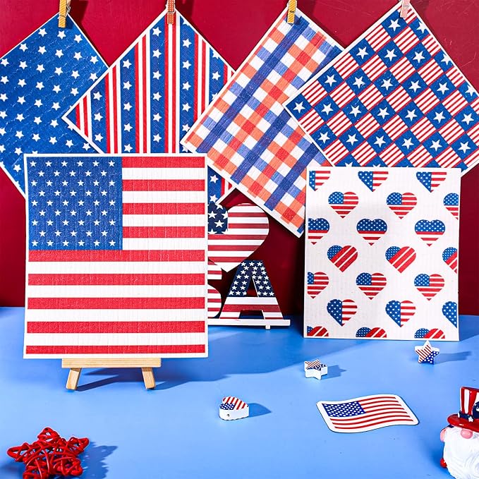 Whaline Patriotic Swedish Kitchen Dishcloths 6 Pack 4th of July Dish Towel American Flag Hand Drying Tea Towel Red Blue Cotton Dishcloth for Independence Day Cooking Cleaning Wipe, 6.7 x 7.5 in
