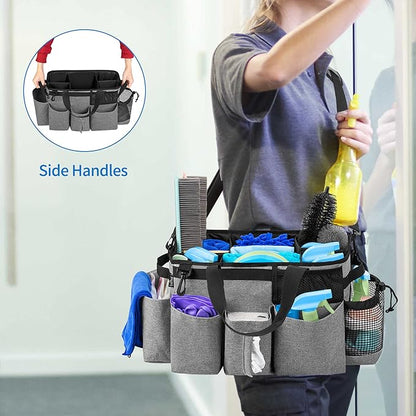 LoDrid Wearable Cleaning Caddy Bag with 4 Foldable Dividers, Cleaning Supply Organizer with Shoulder Strap and Side Handles for Cleaners & Housekeepers, Grey