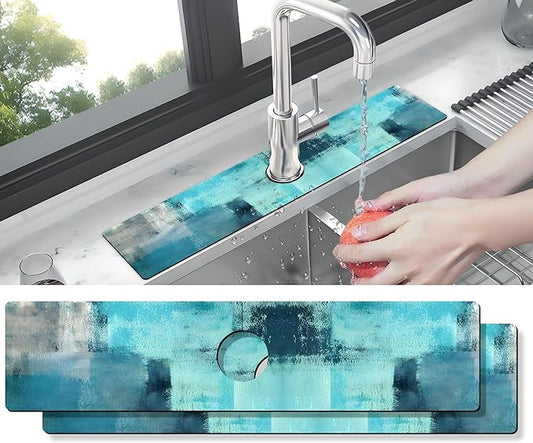 Kitchen Sink Splash Guard Faucet Mat -2 PC Super Absorbent Fast Drying Mat Sink Gadgets-Splash Guard Behind Faucet Drip Catcher for Kitchen, Bathroom,Sink Mat, Dish Drying Mat, Bathroom(23.5" X 5.5" )