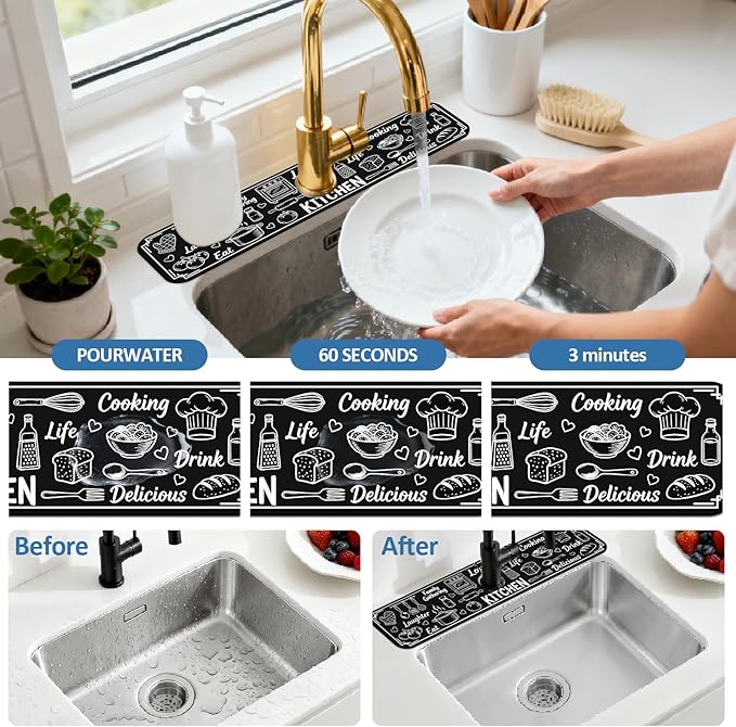 2 Pcs Kitchen Sink Splash Guard Faucet Mat Graffiti Pattern Faucet Mat for Sinks Digital Painting Absorbing Drying Mats for Kitchen Bathroom, 23.6x5.5inch