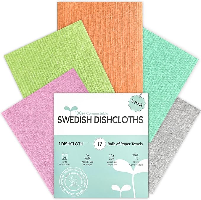 Swedish Dishcloths for Kitchen, 5 Pack Swedish Dish Cloths, Ultra Absorbent Reusable Paper Towels, Cellulose Sponge Cloths, Quick Drying, No Odor, Dishwasher Safe