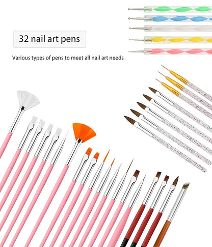 Professional 32PCS Nail Art Brush Set - Premium Nylon Bristle Dotting Pens, Striping Liner Brushes, Detailing Tools & Dust Cleaner for Salon & DIY Manicure