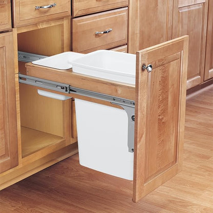 Rev-A-Shelf 35 Qt Top Mount Single Pullout Under Cabinet Kitchen Trash Cans for Base Cabinets, 150 Pound Rated Full-Extension Slides, Min Opening Width of 11.5", White, 4WCTM-12DM1-175