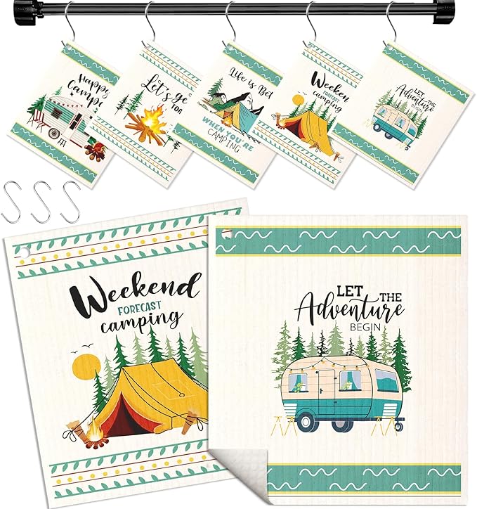 Miss Adola Swedish Dishcloths for Kitchen with Hooks - Reusable Dish Cloths for Washing Dishes Fast Drying Cute Fun 5 Pack Swedish Dish Towels Washable Cleaning Sponge, Green Camping