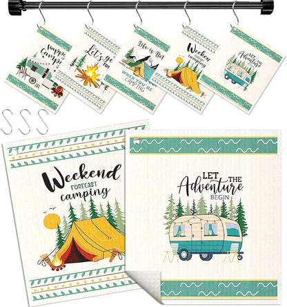 Miss Adola Swedish Dishcloths for Kitchen with Hooks - Reusable Dish Cloths for Washing Dishes Fast Drying Cute Fun 5 Pack Swedish Dish Towels Washable Cleaning Sponge, Green Camping