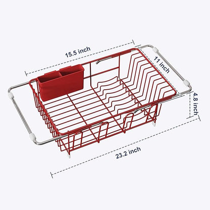 JASIWAY Red in Sink Dish Drying Rack, Expandable Stainless Steel Small Dish Rack Over Kitchen Sink, Plate Drainer Strainer with Utensil Holder & Cup Holders, Counter Space Saving Wire Dryer Rack