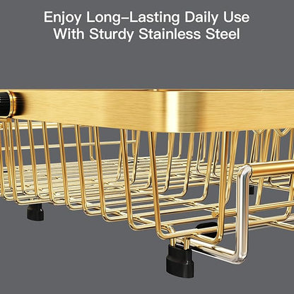 MAJALiS Gold Dish Drying Rack Over The Sink, Expandable Stainless Steel Dish Drainer for Small Kitchen Counter Space Saving, RV Compact Plate Strainer in Metal with Hanging Adjustable Utensil Holder
