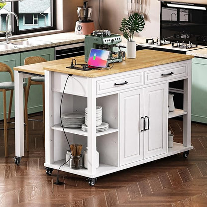 47" Kitchen Island with Extendable Dining Table, Movable Farmhouse Kitchen Islands with Storage Rack, Power Outlet, Island Table on Wheels with 2 Storage Drawers & 2 Cabinets, White