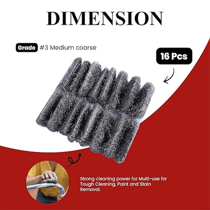 Steel Wool Grade # 3 - Extra Coarse Grade - 16 Pads Multi-use for Tough Cleaning, Paint and Stain Removal, Multi-Purpose (#3-16 Pads)