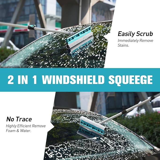 TelesPro 12FT Car Wash Brush with Long Handle, Car Cleaning Kit with Soft Wash Brush, Tire Brush, Window Squeegee, Microfiber Cleaning Head, Mitt, for House Siding, Auto Cars, Trucks, SUV, RV, Floors