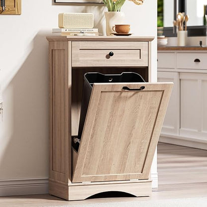 AHB 13 Gallons Tilt Out Trash Cabinet Hidden Trash Can Cabinet Freestanding Garbage Recycling Cabinet with Hideaway Drawer Pet Proof Trash Bin for Kitchen Living Room, Natural