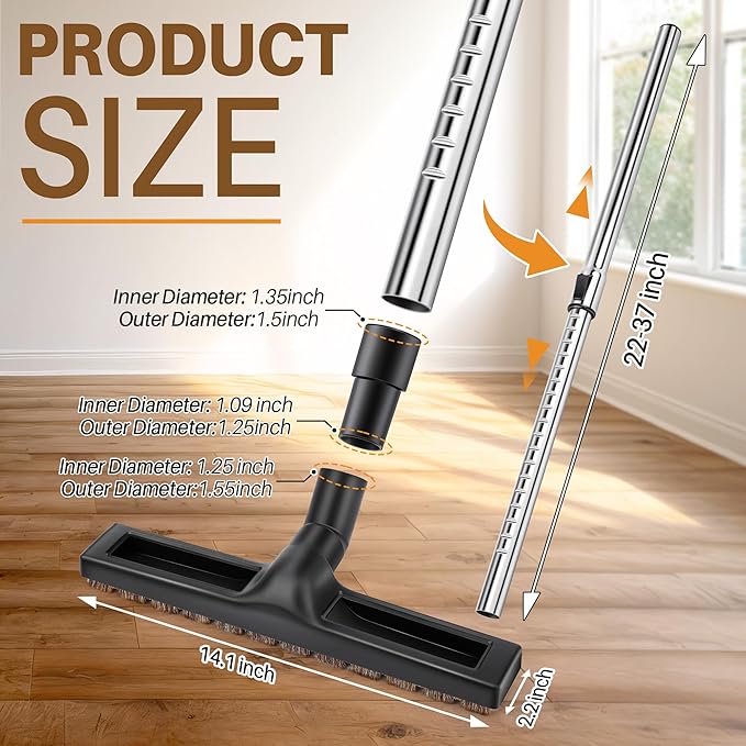 Universal Vacuum Extension Wand Kit with 14" Horsehair Floor Brush & 1.25'' Adapter, Adjustable Vacuum Floor Brush & Extension Wand Compatible with Shark Vacuums Attachments