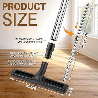 Universal Vacuum Extension Wand Kit with 14" Horsehair Floor Brush & 1.25'' Adapter, Adjustable Vacuum Floor Brush & Extension Wand Compatible with Shark Vacuums Attachments