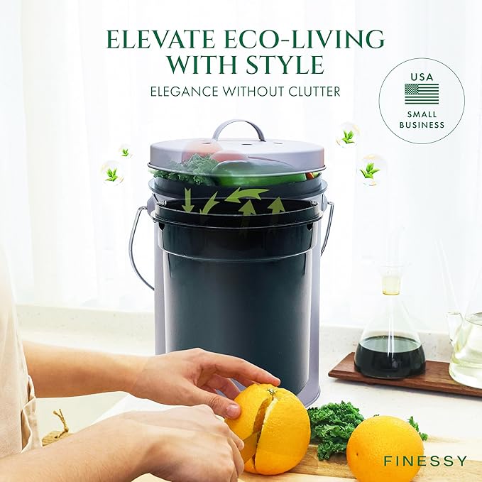 FINESSY Indoor Compost Bin Kitchen Odorless with Lid for Composting Food Waste, Stainless Steel Countertop Trash Can, 1.3 Gallon Container