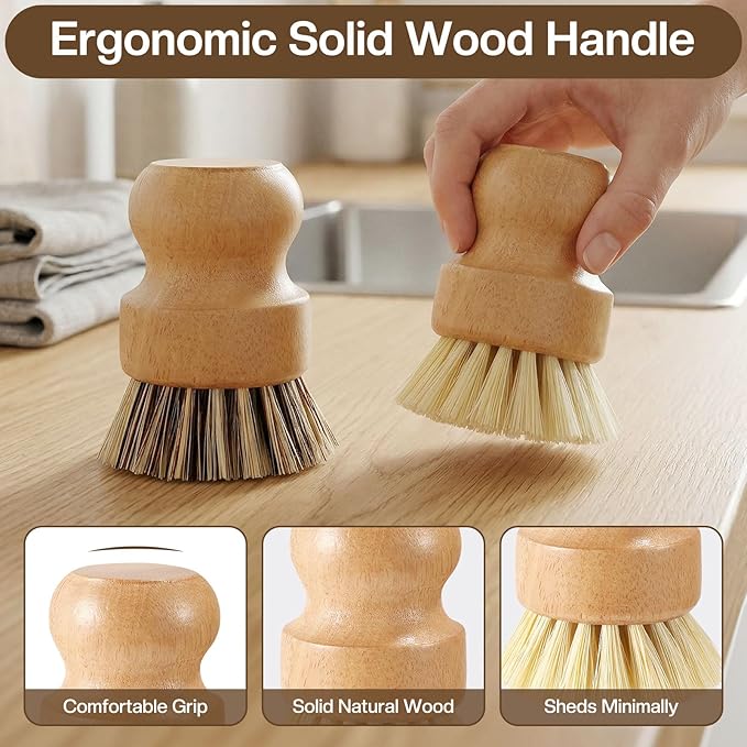Wooden Dish Brush with Metal Stand Handheld Bamboo Wok Brush Scrubber for Dishes Pans Pots Fruit and Veggie Washing(2,Beige Brown)