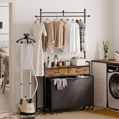 Mondeer Laundry Sorter with 2 Drawers and Hanging Rack, 150L Laundry Hamper with 3 Compartments Pull-Out Rolling Bag, Laundry Basket Organizer for Bathroom, Rustic Brown and Black