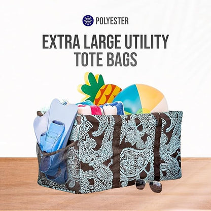 Extra Large Utility Tote Bag - Oversized Collapsible Reusable Wire Frame Rectangular Canvas Basket With Two Exterior Pockets For Beach, Pool, Laundry, Car Trunk, Storage - Paisley Blue