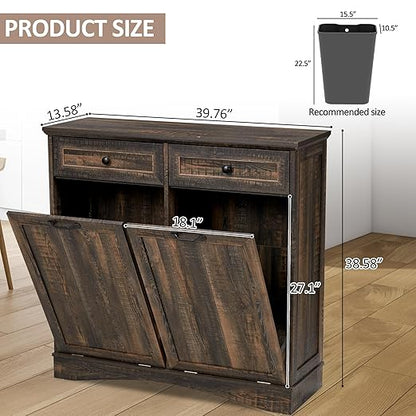 AHB Double Tilt Out Trash Can Cabinet Freestanding Kitchen Trash Can, 2x13 Gallons Hidden Garbage Recycling Cabinet with Hideaway Drawers Pet Proof Trash Can Holder for Kitchen, Rustic Brown