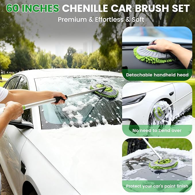Car Wash Brush with Long Handle, 62'' Car Wash Mop, 7Pcs Chenille Microfiber Cars Washing Kit with Window Squeegee/Microfiber Towels /Wheel Brush for Cars RV Truck Boat Floor Window, Green