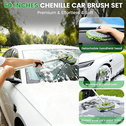 Car Wash Brush with Long Handle, 62'' Car Wash Mop, 7Pcs Chenille Microfiber Cars Washing Kit with Window Squeegee/Microfiber Towels /Wheel Brush for Cars RV Truck Boat Floor Window, Green