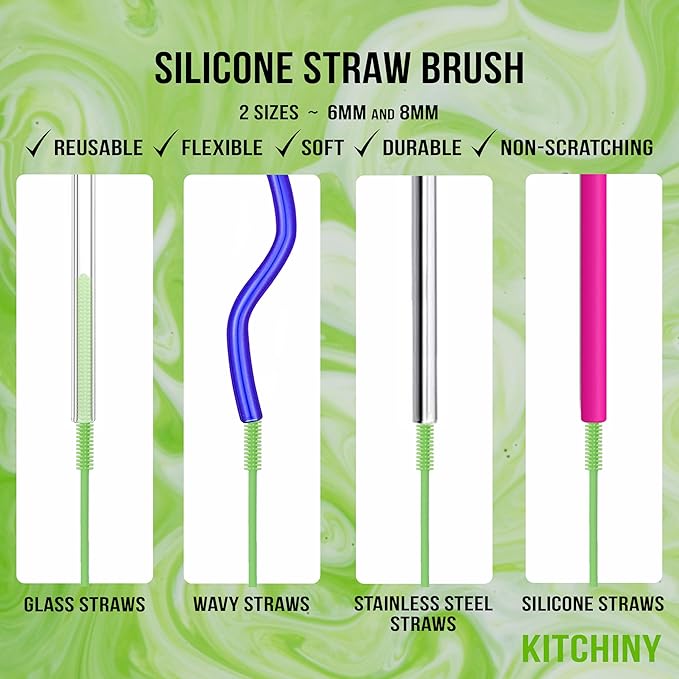 Kitchiny Silicone Bottle Brush with 2 Straw Cleaners - 12.5” Water Bottle Cleaner Brush for Yeti, Hydro Flask, Owala, Stanley, Baby Bottles, Glassware, Vases & Narrow Neck Containers - Green