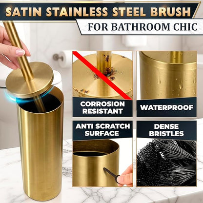 Gold Toilet Brush and Holder Set - Brushed Stainless Steel Gold Toilet Bowl Brush and Holder with Replaceable Head, Removable Inner Bowl, and Splash Protection - Dense Bristles for Thorough Cleaning