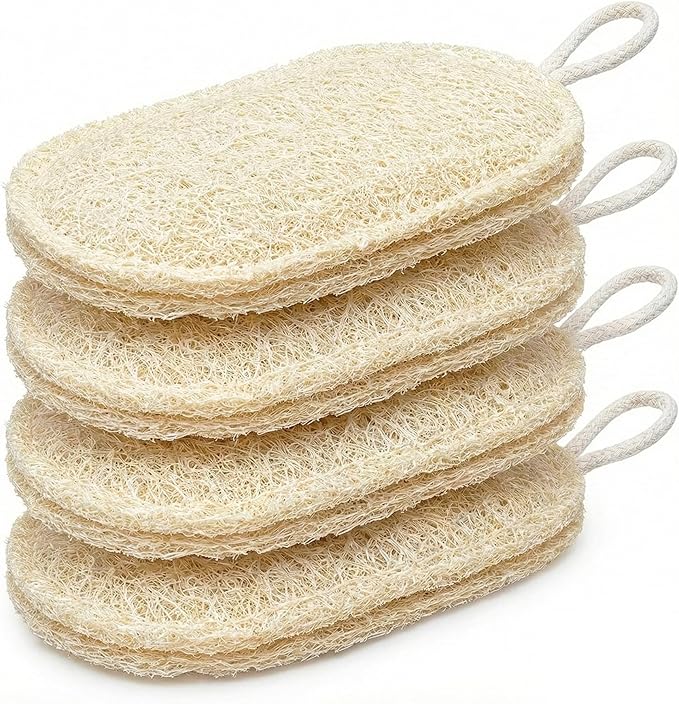 4-Pack Premium Egyptian Loofah Dish Sponge - Large 4.7" x 3.1" Natural Kitchen Scrubber - Thick Double-Layered Compostable Sponges for Dishes - Non-Scratch, Ultra Soft & Biodegradable