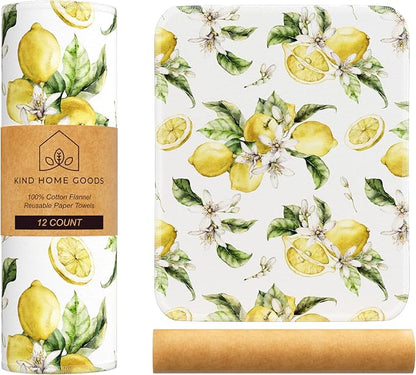Reusable Paper Towels (12"x10”) - Soft Absorbent 100% Washable Paper Towels - Reusable Paper Towels Washable w/Cardboard Roll - Reusable Napkins (Vintage Lemons, 12x10inch)