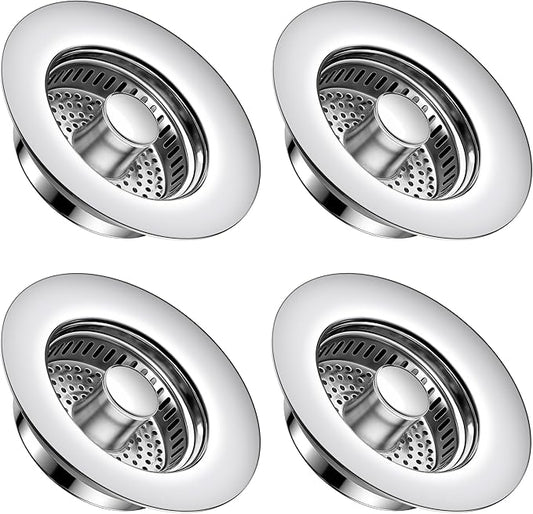 Kitchen Sink Drain Strainer 4 Pack, 304 Stainless Steel Pop Up Sink Stopper, Anti-Clogging Sink Drain Strainer for US Standard Kitchen Drain (Chrome)