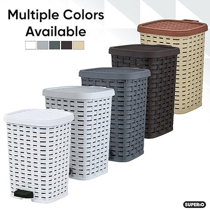 Superio Mini Trash Can with Foot Pedal Small Outdoor Garbage Can with Lid, 1.5 Gallon Plastic Waste Basket for Bathroom, Bedroom, Kitchen, Office, Patio (Wicker Brown 6 QT.), 2 Pack