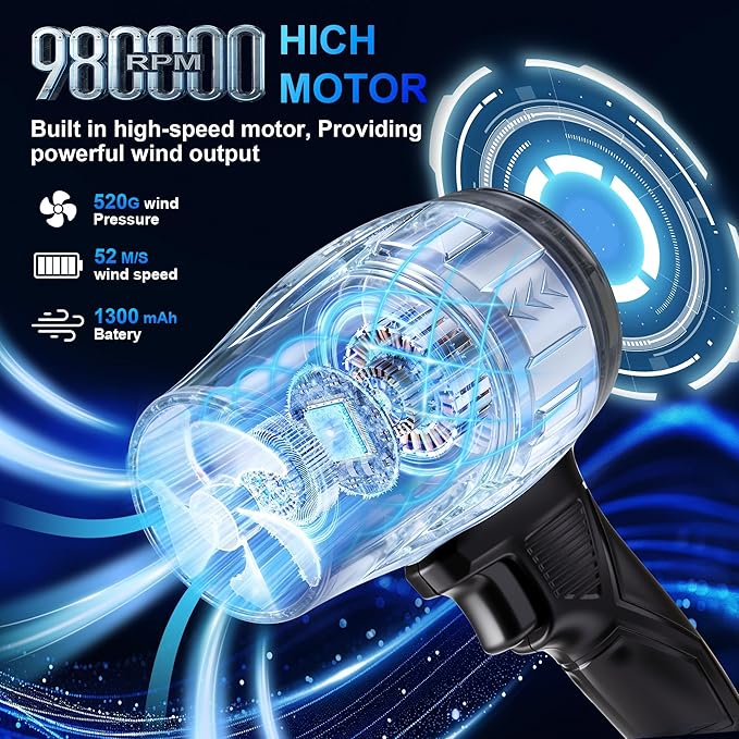 21V Handheld Leaf Blower – 98,000RPM High-Speed Motor, 1.7LB Ultra-Lightweight Hand Blower with 2 Batteries & Charger for Yard, Patio, Car Drying & Workshop
