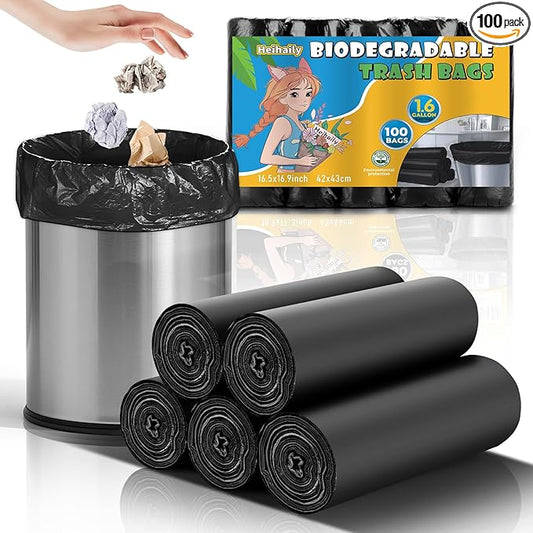 Compostable Trash Bag 1.6 Gallon - Black Unscented Strong Thick Tiny Garbage Bags Tear Resistant & Odor Control, Perfect for Small Wastebaskets in Office, Kitchen, or Nursery heihaily
