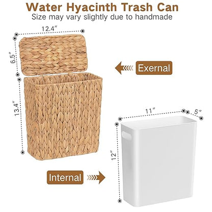 iEGrow Wicker Trash Can, Bathroom Trash Can with Lid, 3 Gallon Natural Water Hyacinth Waste Basket with Removable Liner, for Bedroom, Living Room, Toilet, Under Sink