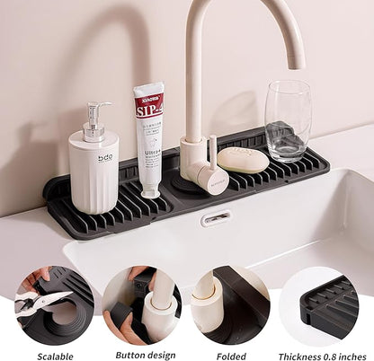 ZJWZLG Faucet Mat for Kitchen Sink (Black), 24"X5.5" Silicone Sink Splash Guard with Soap Holder, Snap-On Design & 7°slope Fast Drain, Folding Sink Faucet Mat for Universal sink matt for kitchen sink