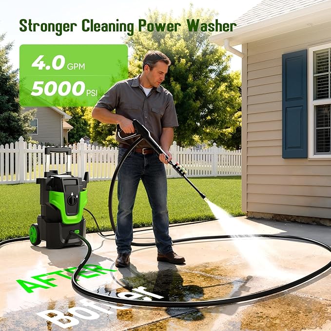 5000PSI Heavy Duty Pressure Washer, 3-Speed Adjustable Power Washer with 2-Stage Pull Rod, 4 Nozzles, Foam Cannon & 500ml Soap Bottle for Car, Home & Outdoor Cleaning,Green