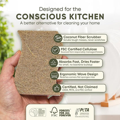 Plant-Based Kitchen Sponges (12 Pack) | USDA Biobased Certified | FSC & PETA Approved | Natural Cellulose & Coconut Scrubber Sponge | S-Shaped Design | Eco-Friendly, Non-Scratch, Non-Toxic & Vegan