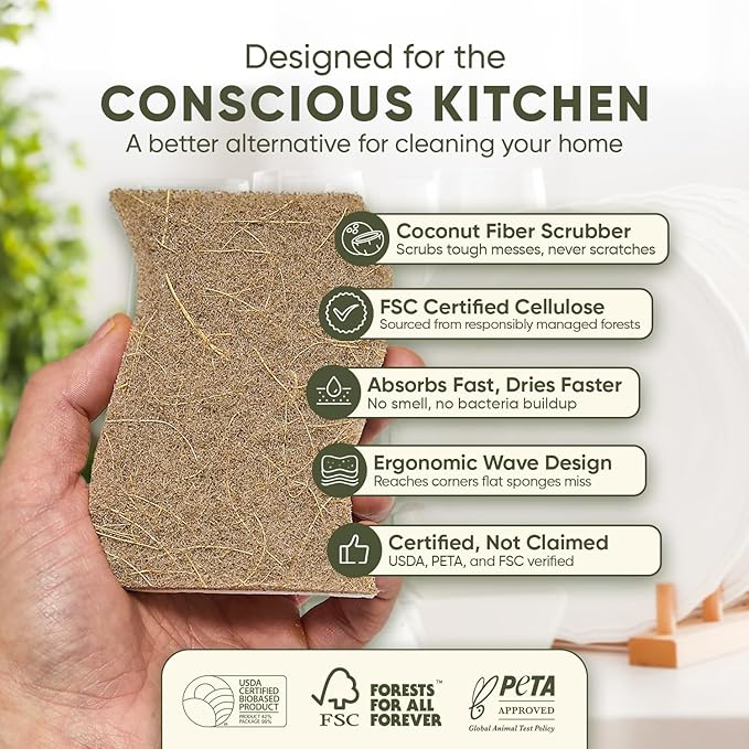 Plant-Based Kitchen Sponges (24 Pack) | USDA Biobased Certified | FSC & PETA Approved | Natural Cellulose & Coconut Scrubber Sponge | S-Shaped Design | Eco-Friendly, Non-Scratch, Non-Toxic & Vegan